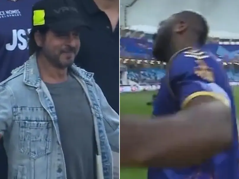 In the presence of Shah Rukh Khan, Andre Russell recreates an iconic pose. His Reaction is