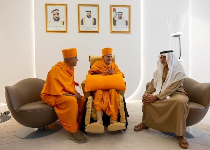 Spiritual leader Mahant Swami Maharaj arrives ahead of PM Modis opening of the BAPS Hindu temple in Abu Dhabi.